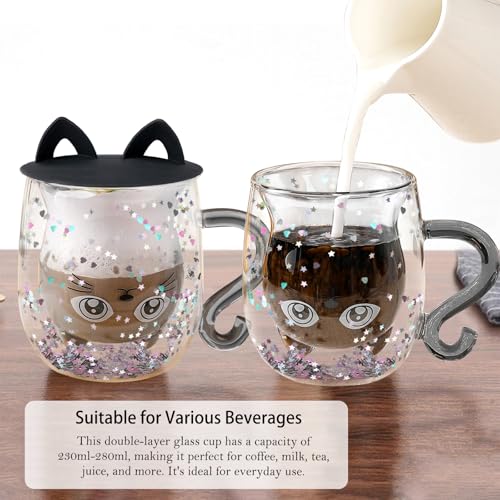 Glittery Black Cat Double Walled Glass Coffee Latte Cup
