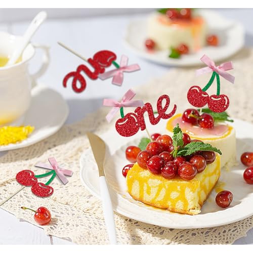 24 Pack Cherry 1st Birthday Cupcake Toppers (24 Count)