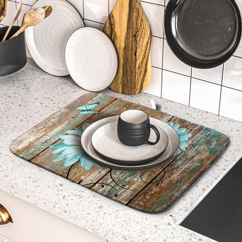 Rustic Daisy Dish Drying Mat for Kitchen Countertop 16x18 inch Fall Teal Sunflowers on Wooden Board Dish Drainer Mats Fast Drying Country Vintage Shabby Chic Flower Dish Drying Pad Cabin Decor