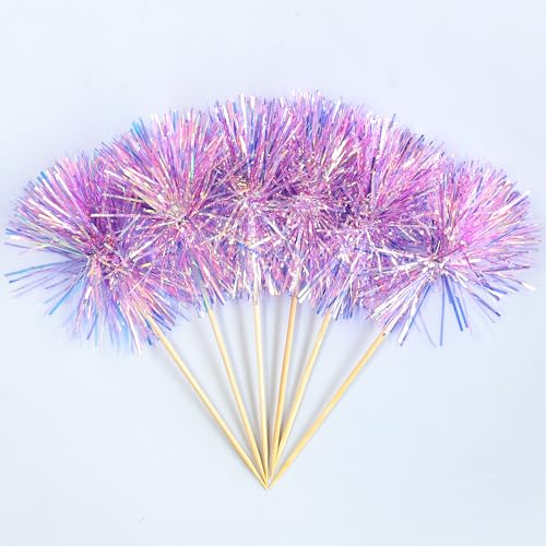 30Pcs Foil Firework Cupcake Toppers Sparkle Tinsel Cake Toppers Tinsel Drink Cake Decoration Cocktail Picks for Birthday Wedding Graduation Party Supplies Laser Purple (30 Count)