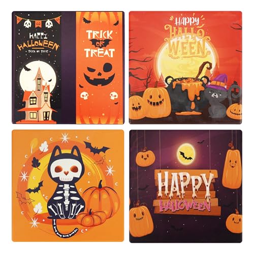 Halloween Coasters Absorbent Ceramic Coaster for Drinks with Black Holder and Cork Base Set of 4