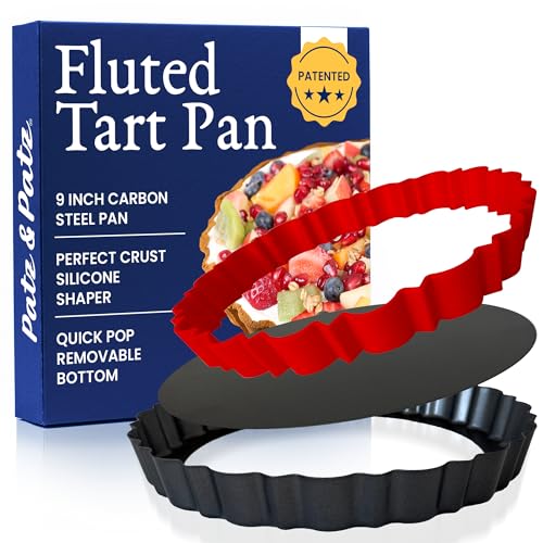 Fluted Tart Pan 9 Inch Removable Bottom with Patented Silicone Crust Shaper