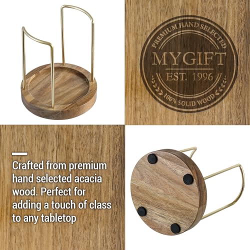 Premium Acacia Solid Wood and Brass Tone Metal Wire Countertop Plastic Cup Holder