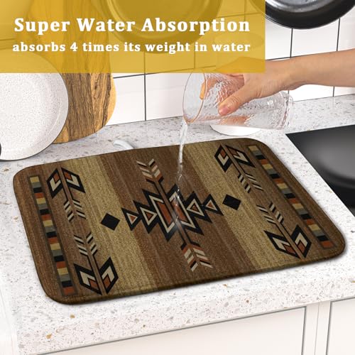16"x18" Southwestern Dish Drying Mat Rustic Brown Tribal Ethnic Small Dish Drainer Mats Antique Native American Absorbent Microfiber Dish Drying Pad for Kitchen Countertop Decor