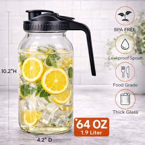 3 Pack 64oz Glass Mason Jar Pitcher with Airtight Lid and Handle (3 Count)