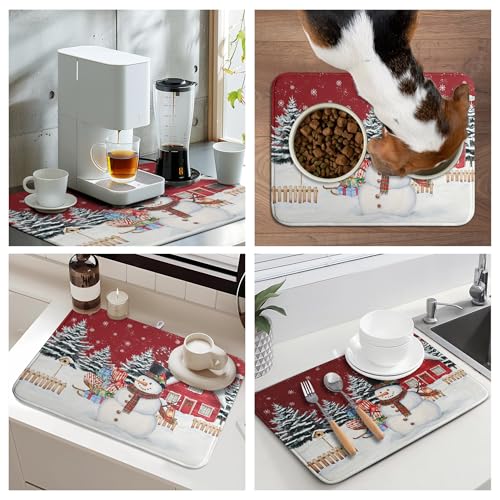 Christma Snowman Dish Drying Mat Winter Snowflake Large Kitchen Mats Dish Drying Pad Red Absorbent Dish Dryer Mat for Kitchen Countertops Microfiber Drainer Pad Dish Drying Mats