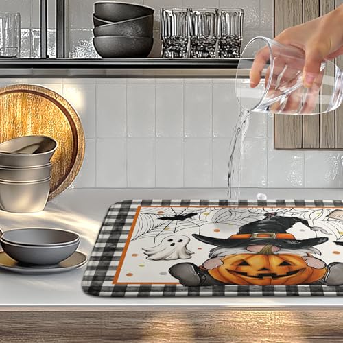 Halloween Gnomes Dish Drying Mat Bats Pumpkins Large Kitchen Mats Dish Drying Pad Buffalo Plaid Absorbent Dish Dryer Mat for Kitchen Countertops Microfiber Drainer Pad Dish Drying Mats