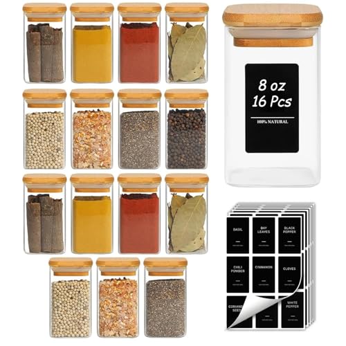Square Glass Spice Jars with Labels 8 oz 16 Pack with Bamboo Lids (16 Count)