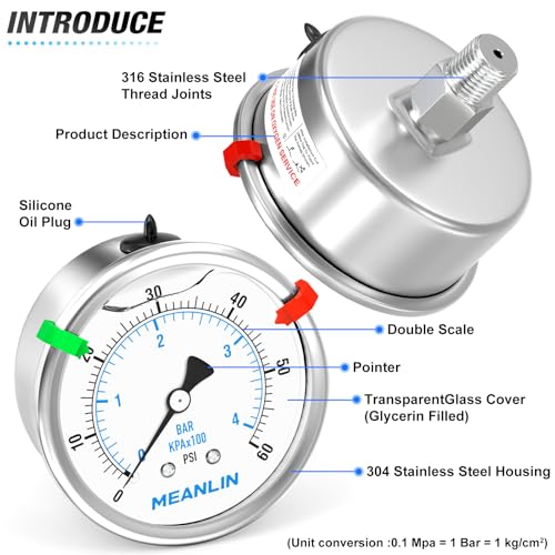 0~60Psi Stainless Steel Liquid Filled Pressure Gauge 2.5" FACE DIAL 1