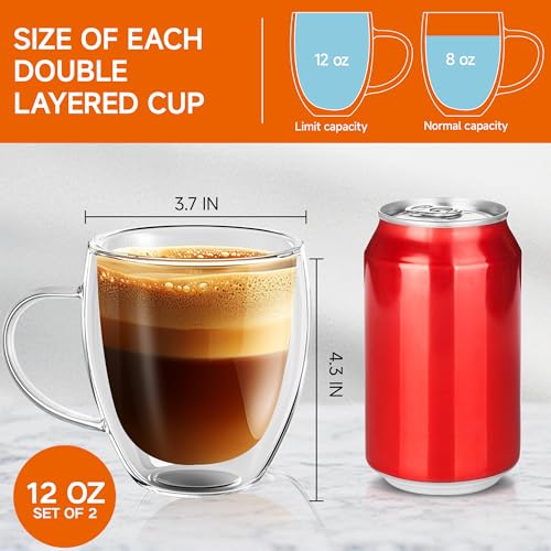 12 Ounces Set of 2 Double Walled Glass Coffee Mugs with Handle Insulated Layer Coffee Cups Borosilicate Glass Espresso Double Insulated Clear Glass Coffee Mug for Hot Beverages (2 Count)