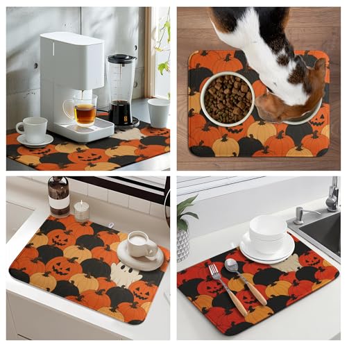 Halloween Spooky Pumpkin Dish Drying Mats Cute Ghost Dish Mat Fall Drying Matt Dishes Dryer Pad for Kitchen Counter Absorbent Microfiber Washable Foldable Reusable 18x24 in