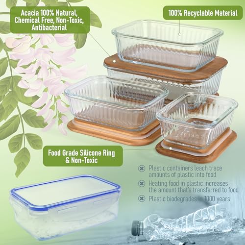 Ribbed Glass 4 Stackable Meal Prep Containers with Acacia Lids