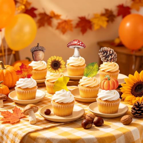 72PCS Edible Fall Leaves Cupcake Toppers Wafer Paper Autumn Maple Leaves Cake Decorations Edible Ginkgo Leaf Acorn Mushroom Sunflower Cake Picks for Thanksgiving Birthday Party Decorations