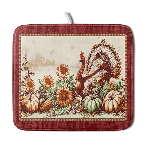 Rustic Turkey Dish Drying Mat for Kitchen Countertop 16x18 inch Fall Thanksgiving Pumpkin Sunflowers Harvest Dish Drainer Mats Fast Drying Farmhouse Country Style Dish Drying Pad Holiday Decor
