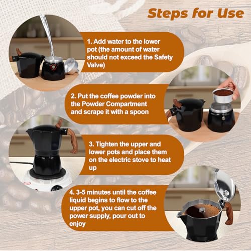 3 Cup Aluminum Moka Pot Classic Stovetop Espresso Coffee Maker 150ml 5oz Coffeemaker Percolator Mocha Pot Greca Coffee Maker Cafe Makers for Italian and Cuban Café Brewing Black