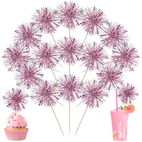 40 PCS Foil Firework Cupcake Toppers Sparkle Tinsel Cupcakae Picks Sparkler Fireworks Party Decorations Cocktail Fruit Toothpick for Birthday Wedding Graduation Party Decorations Supplies Pink (40 Count)