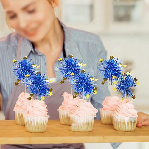 30 PCS Foil Firework Cupcake Toppers Happy Birthday Star Cupcake Picks Sparkle Tinsel Drink Stirrers Cocktail Fruit Toothpicks for Valentine's Day Wedding Birthday Party Decorations Supplies Blue (30 Count)