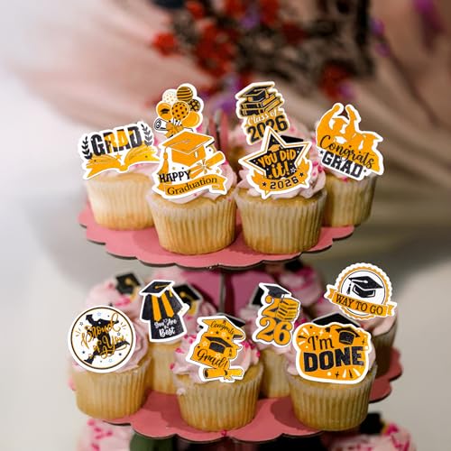 48Pcs Edible Graduation Cap 2026 Cupcake Toppers Wafer Paper Grad Cap Diploma Cake Decoration Picks for 2026 Grad Theme Party Cake Decor Supplies Black Orange (48 Count)