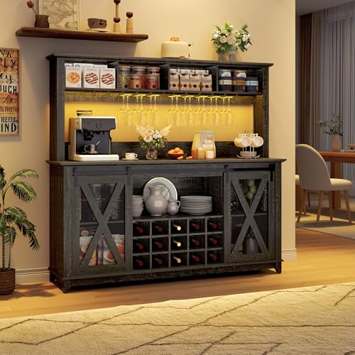 63"Wide 58"H Farmhouse Coffee Bar Cabinet with Power Outlet and LED Light