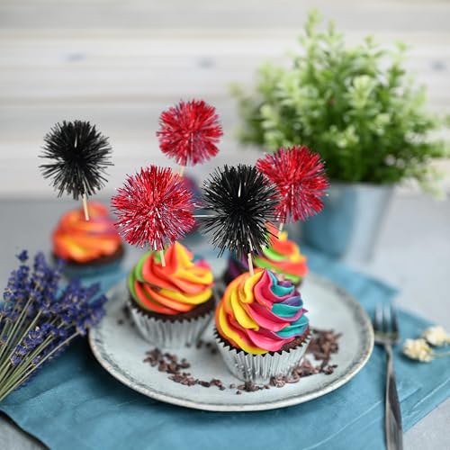 30Pcs Foil Firework Cupcake Toppers Sparkle Tinsel Cake Toppers Tinsel Drink Cake Decoration Cocktail Picks for Birthday Wedding Graduation Party Supplies Black Red (30 Count)