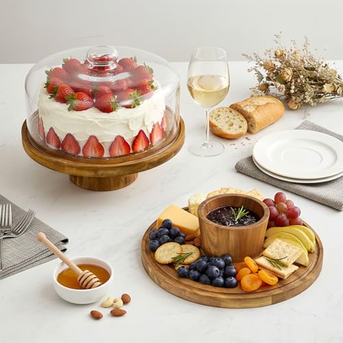 12 Inch Acacia Wood Cake Stand with Glass Lid