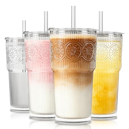 20oz Ribbed & Floral Glass Tumbler with Lid and Straw