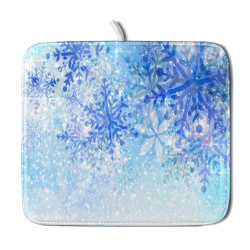 16"x18" Winter Blue Snowflakes Dish Drying Mat Christmas Snow Falling Nature Ice Dish Drainer Mats for Kitchen Microfiber Reversible Dish Drying Rack Pad for Countertop Tabletop Decor