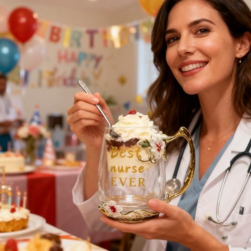 National Nurses Day Flower Glass Cup with Unique Flower Printing and Spoon
