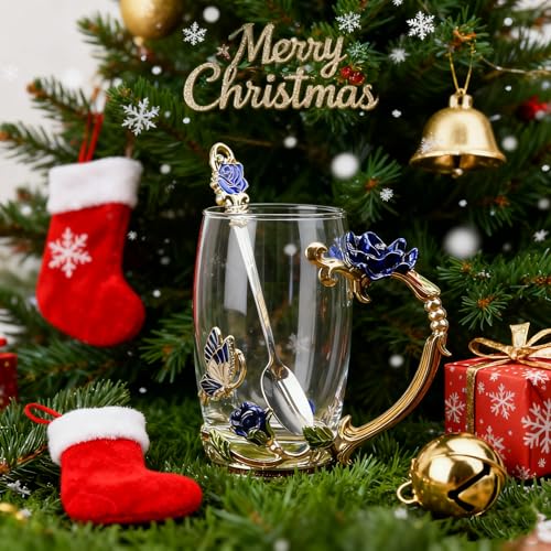Gifts for Mom Women Unique Blue Tea Mug With Spoon Set & Flower Decoration
