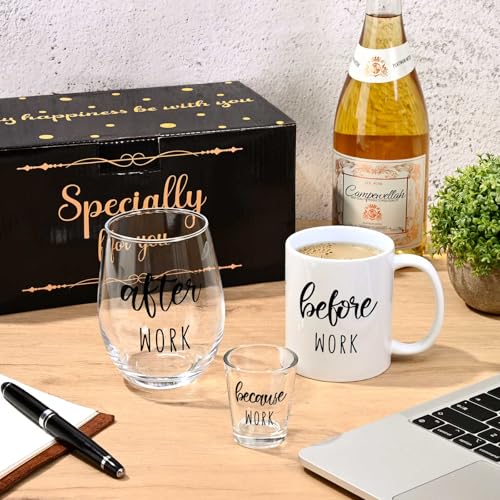 Before Work After Work Gift Set 11oz Coffee Mug 17oz Stemless Wine Glass 2oz Shot Glass Set for Boss Coworker Manger Leader Employee