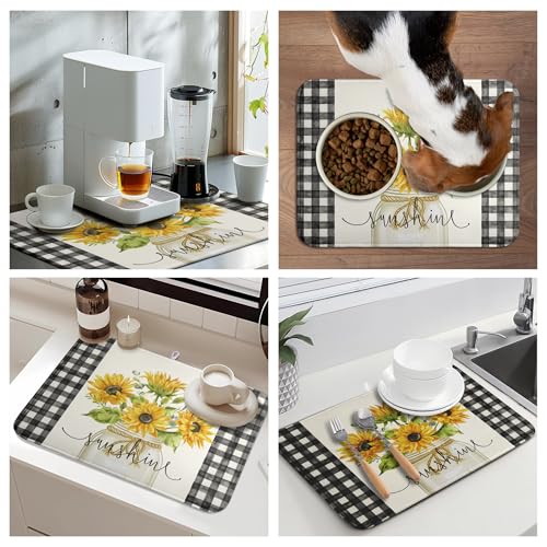 Summer Sunflower Dish Drying Mats for Kitchen Counter Spring Sunshine Kitchen Dishes Dryer Pad Flowers Absorbent Dish Mat Microfiber Washable Foldable Reusable Large 18x24 in