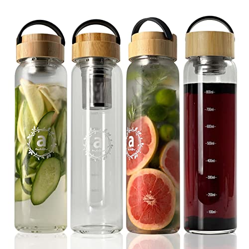 32oz Borosilicate Glass Water Bottle with Bamboo Lid and 2 Tea Infuser Sets for Fruit Infused Water and Cold Brew Coffee
