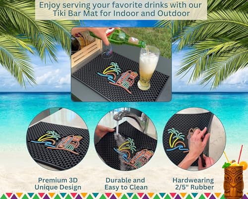 Tiki Bar Mats for Countertop 18 x 12 Tiki Bar Decor Mat Unique Tiki Man Warrior Design with Surfboard Welcome Greeting Tiki Decor