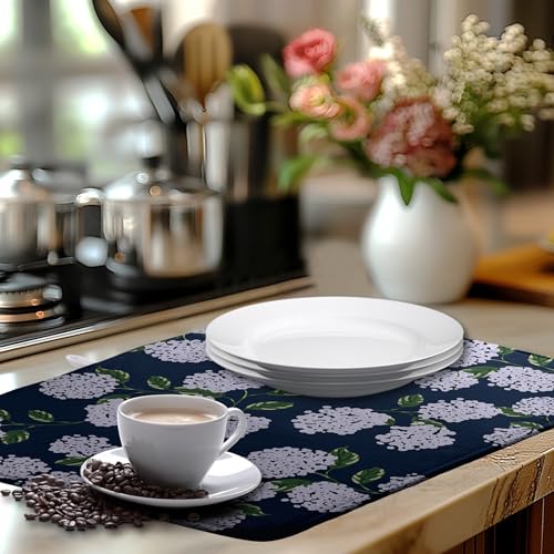 Navy Blue Hydrangea Dish Drying Mats Spring Summer Dish Mat Vintage Floral Drying Matt Dishes Dryer Pad for Kitchen Counter Absorbent Microfiber Washable Foldable Reusable 18x24 in