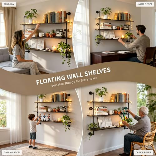 Industrial Pipe Shelving Rustic Black Wall Shelves with Wood Planks Industrial Floating Shelves 48 Inch 3 Tier Farmhouse Bookshelf Pipe Shelves Wall Mounted