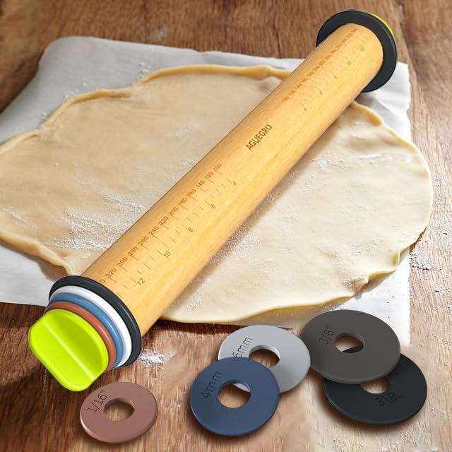 Adjustable Rolling Pin with 4 Thickness Rings &Pastry Mat For Baking Dough (2 Count)