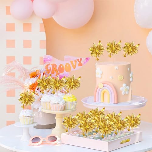 30 PCS Foil Firework Cupcake Toppers Star Cupcake Picks Sparkle Tinsel Flower Drink Stirrers Cocktail Food Fruit Toothpicks for Baby Shower Wedding Birthday Party Cake Decorations Supplies Gold (30 Count)