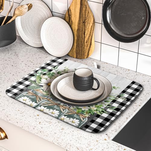 Spring Summer White Daisy Flowers Dish Drying Mat for Kitchen Counter Daisy Spring Flowers Dish Drying Mat 16x18 Inch Absorbent Reversible Microfiber Protector Drainer Mat Dishes Pad for Countertops