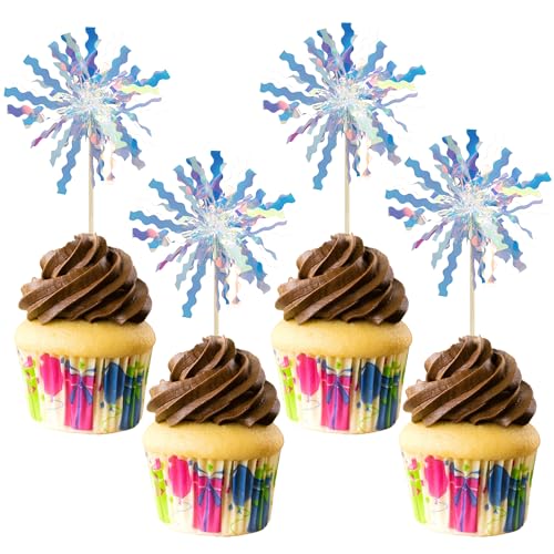 30Pcs Foil Firework Cupcake Toppers Happy Birthday Cake Toppers Tinsel Flower Drink Stirrers Cocktail Food Fruit Toothpicks for Valentine's Day Party Birthday Wedding Supplies Laser Silver (30 Count)