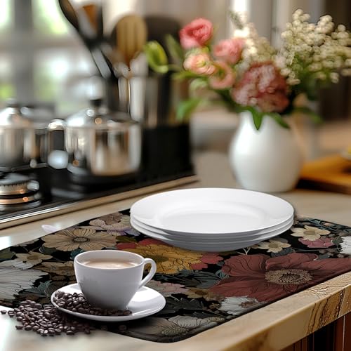 Spring Boho Floral Dish Drying Mats Spring Summer Vintage Flowers Dish Mat Farmhouse Drying Matt Dishes Dryer Pad for Kitchen Counter Absorbent Microfiber Washable Foldable Reusable 18x24 in