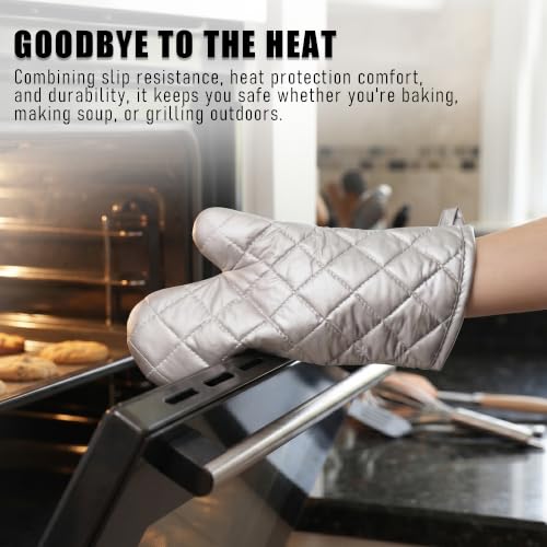 Silver 13" Quilted Oven Mitts Set of 2 Heat Resistant for Kitchen Grill (2 Count)