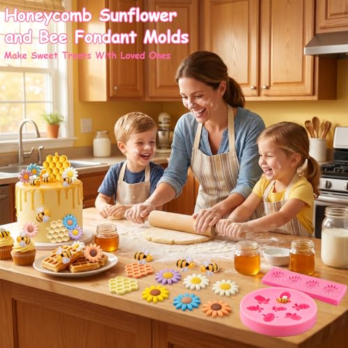Bumble Bee Silicone Mold 4Pcs Honeycomb Fondant Mold Sunflower and Bee Candy Molds Bee Hive Chocolate Molds for Cupcake Cake Decoration Dessert Chocolate Gum Paste Polymer Clay (4 Count)