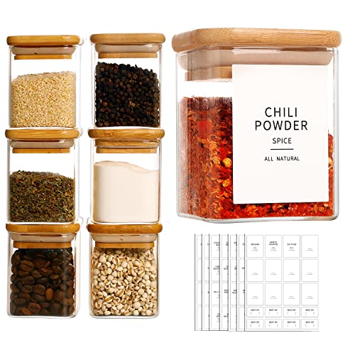 12 Pcs Square Glass Spice Jars with Natural Bamboo Lids
