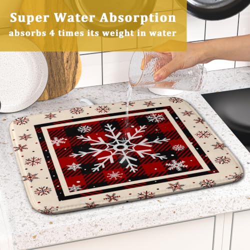 16"x18" Christmas Snowflakes Dish Drying Mat Xmas Red Black Buffalo Plaids Winter Snow Dish Drainer Mats Microfiber Reversible Dish Drying Rack Pad for Kitchen Countertop Tabletop Decor