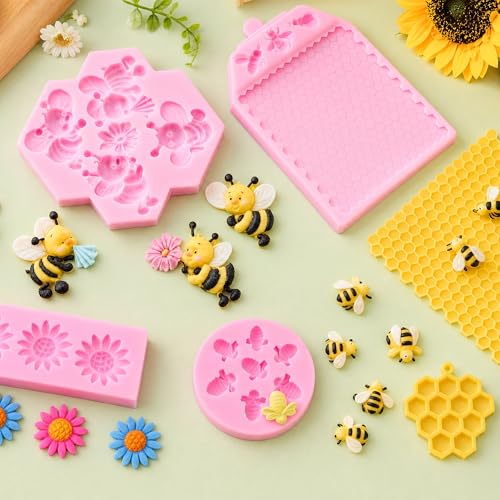 5 Packs Bumble Bee Chocolate Molds Bee Silicone Mold Honey Comb and Sunflower Silicone Mold Fondant Molds for Cake Decorations