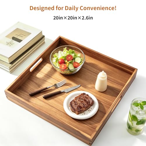 Large Wooden Serving Tray for Ottoman Wooden Ottoman Tray 20INCH Acacia Square Tray with Handles Wooden Coffee Table Tray Multi