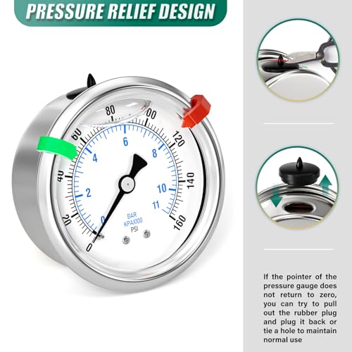 0 160PSI Stainless Steel Glycerin Liquid Filled Pressure Gauge 1