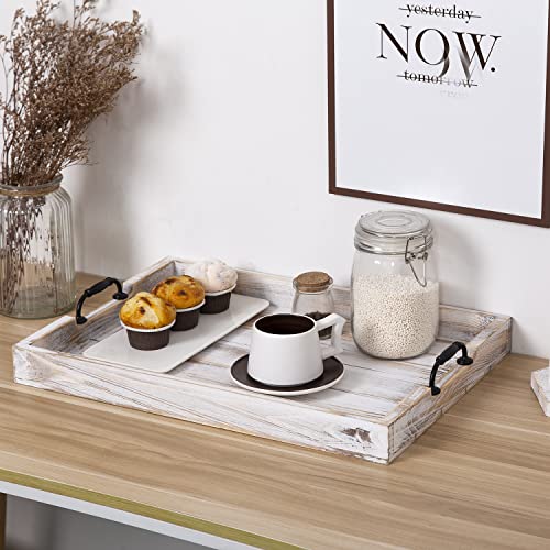 Rustic Vintage Big Wood Food Breakfast Serving Trays with Cutout Metal Handles