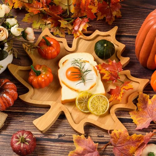 Maple Leaf Bamboo Serving Tray Thanksgiving Wooden Serving Platter Wood Snack Cheese Charcuterie Boards Wooden Fall Leaf Dish Plate for Halloween Autumn Harvest Party Supplies