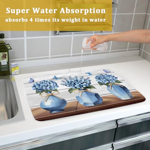 Blue Hydrangea Dish Drying Mat for Kitchen Vintage Wood Board Floral Butterfly Dish Drainer Mats 18x24inch Rustic Flowers Dish Drying Rack Pad Protector for Countertop Dining Decor